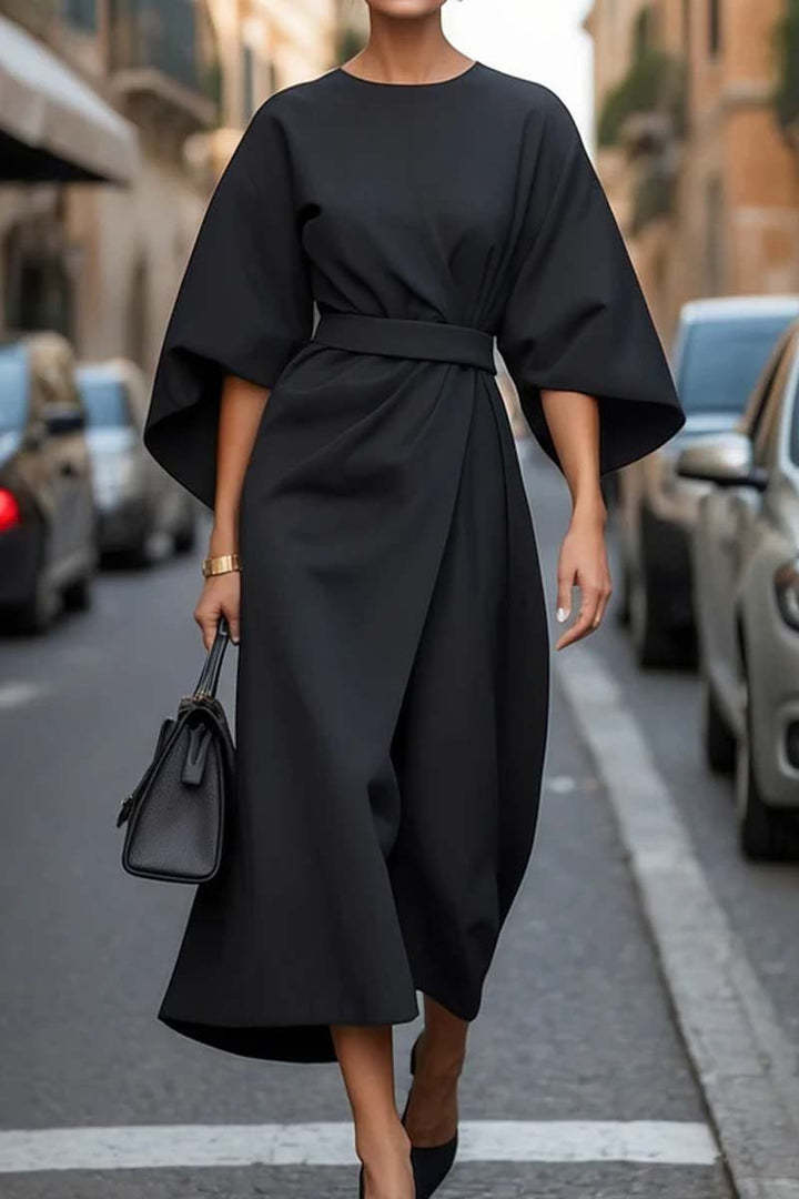 Batwing Sleeve Dress – Waist-Tied Solid Color Elegant Dress for Women